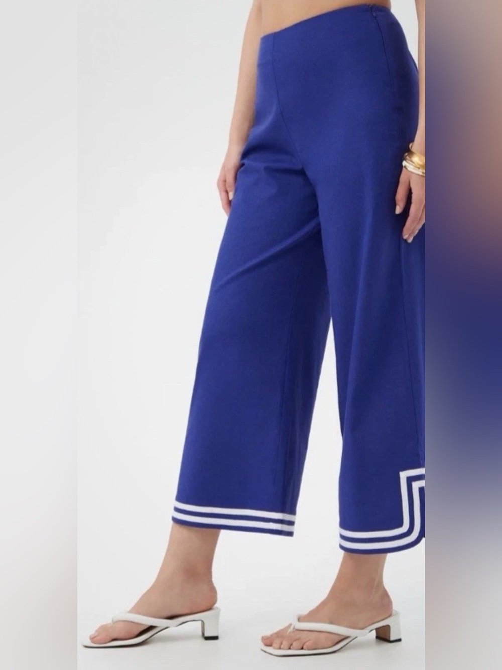 NWT Trina Turk Royal Blue Wide-Leg Lin Blend Crop Pants White Hem Stripes Size 4